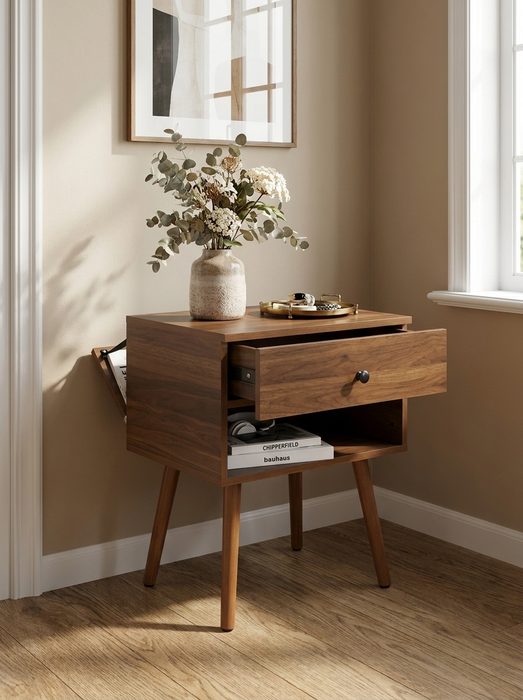 Hallvard - Mid Century Modern Nightstand Walnut Solid Wood Nightstand Small Bedside Table