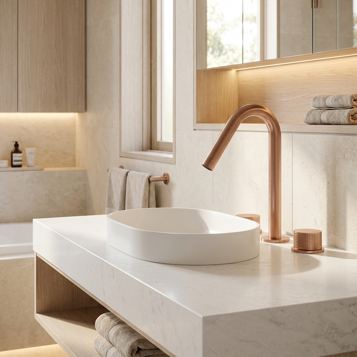 Kilde two handle bathroom faucet in brushed rose gold on a Japandi vessel sink vanity