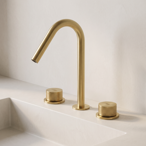 Kilde – Widespread Bathroom Faucet | Nordic 3-Hole Brass Bathroom Sink Faucet BO-HA Brushed Gold
