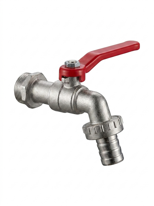 Skade Silver – chrome-finish zinc alloy garden hose bibcock – single-outlet outdoor tap with red handle