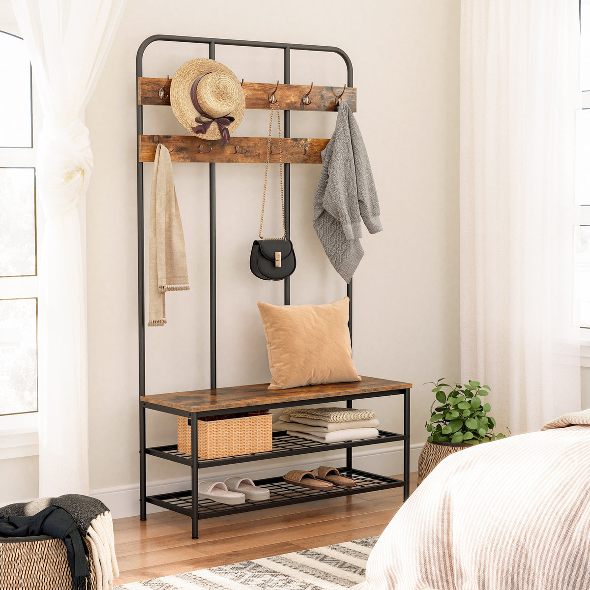 Seafuloy 77.1 in. H White Multiple Functions Hallway Coat Rack with Metal  Black Hooks and 24-Shoe Cubbies C-WF286983AAK - The Home Depot