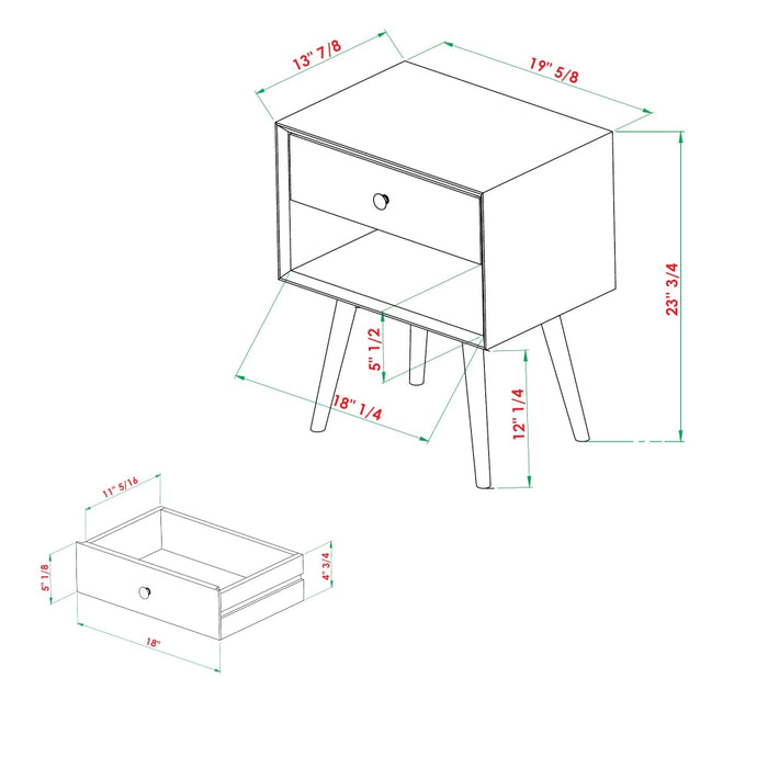 Hallvard - Mid Century Modern Nightstand Walnut Solid Wood Nightstand Small Bedside Table  BO-HA   
